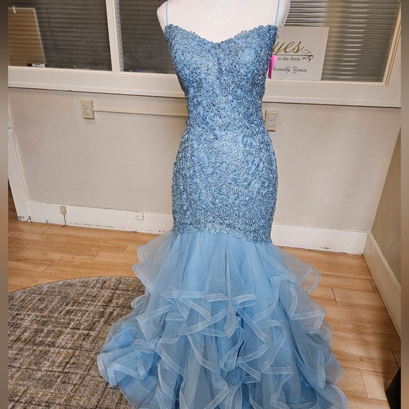 Size 12 (tag 14) light blue lace up crystal lace layered mermaid gownSherri Hill - Picture 2 of 9